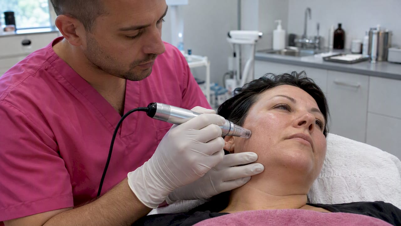 Clinician performing microneedling on a patient’s cheek