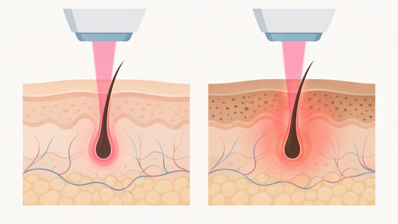 Illustration compares laser targeting in lighter and tanned skin
